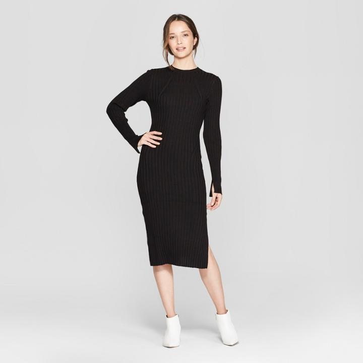 Women's Long Sleeve Ribbed Midi Sweater Dress - Prologue Black