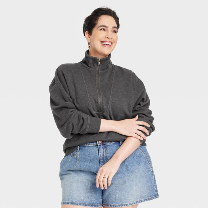Women's Plus Size French Terry Quarter Zip Sweatshirt - Universal Thread Dark Gray