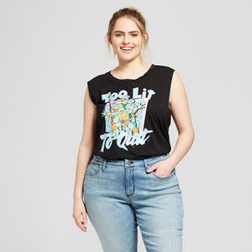 Tmnt Women's Plus Size Teenage Mutant Ninja Turtles Too Lit To Quit Graphic Muscle Tank - Black