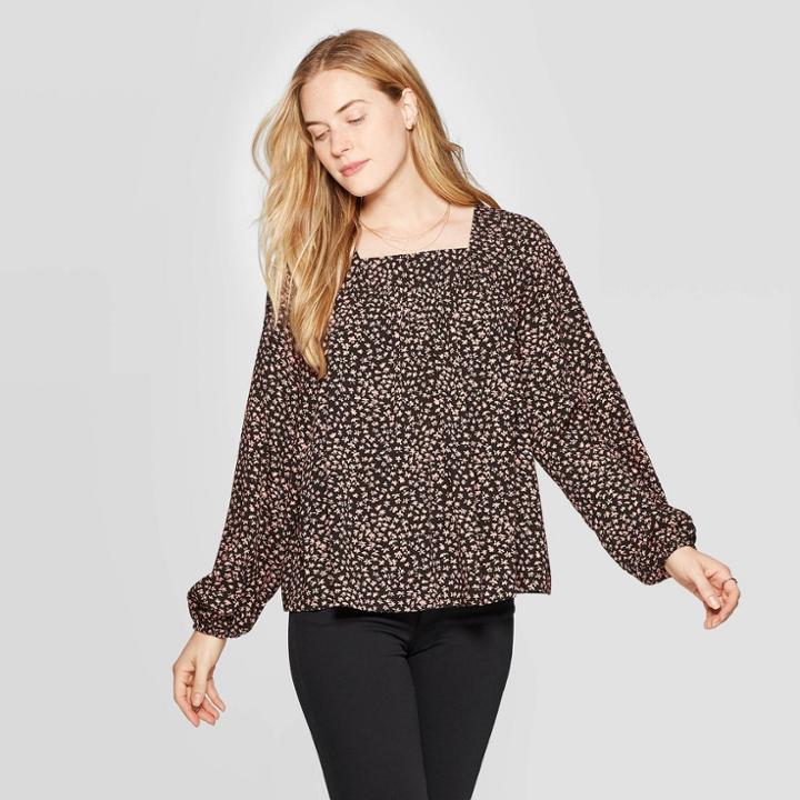 Women's Floral Print Long Sleeve Square Neck Blouse - Universal Thread Black L, Women's,