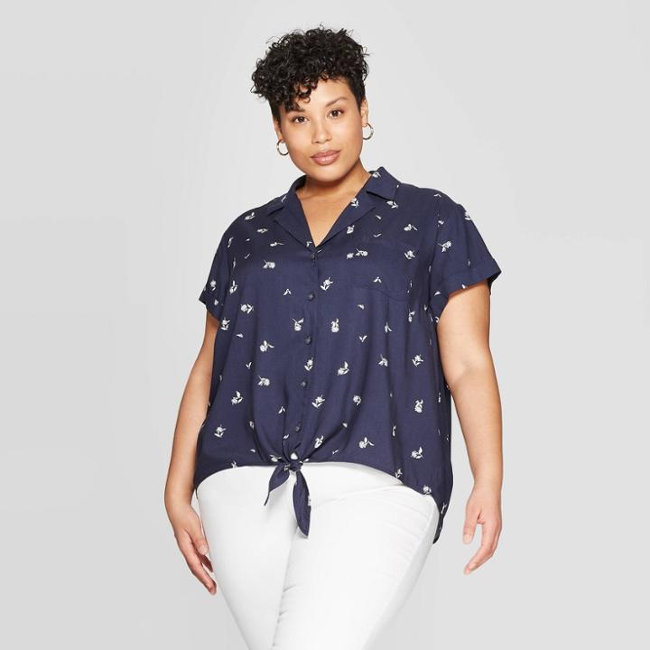 Women's Plus Size Floral Print Short Sleeve Collared Tie Front Shirt - Ava & Viv Navy