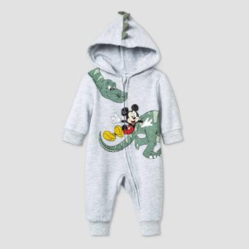 Disney Baby Boys' Mickey Mouse Dino Long Sleeve Hooded Fleece Romper - Gray Newborn