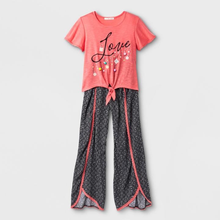 Self Esteem Girls' Short Sleeve Graphic Top With Tulip Pants - Pink/black