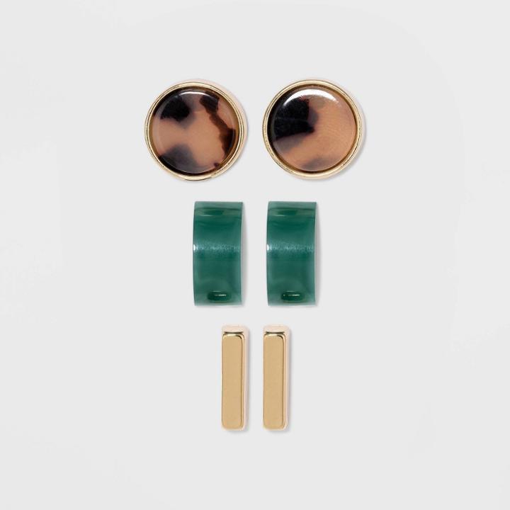 Metal And Acrylic Trio Earring Set - A New Day , Women's, Gold