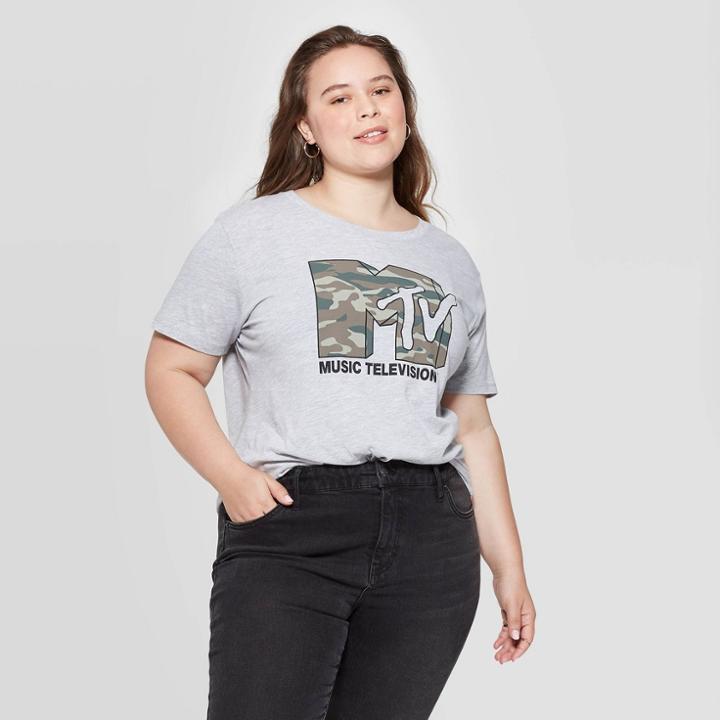 Women's Mtv Camo Print Plus Size Short Sleeve T-shirt (juniors') - Athletic Heather