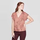 Women's Floral Print Short Sleeve Deep V-neck Blouse - A New Day Brown