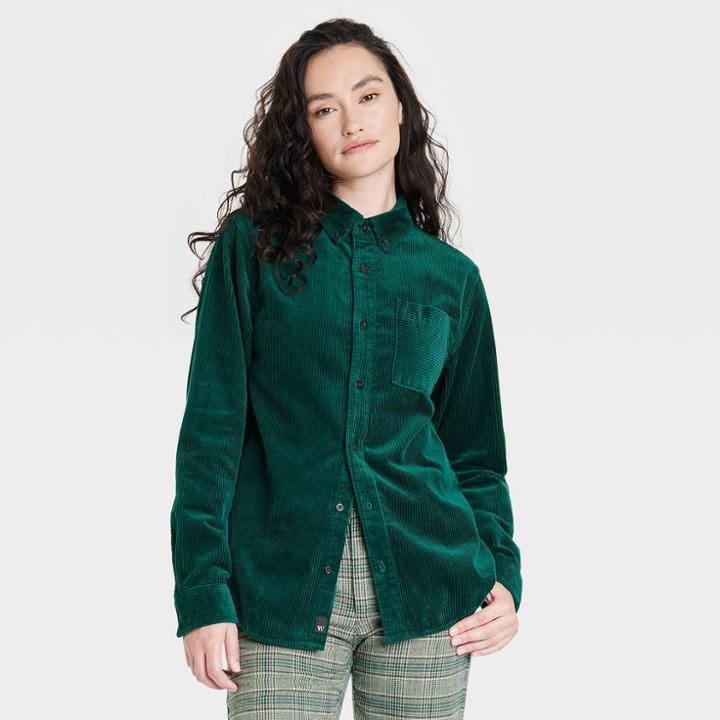 Houston White Adult Corduroy Long Sleeve Button-down Shirt - Green Xxs/xs