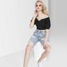 Women's Short Puff Sleeve Lace-up Cropped Top - Wild Fable Black