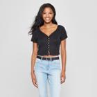 Women's Short Sleeve Button Front Square Neck Cropped Knit Top - Xhilaration Black