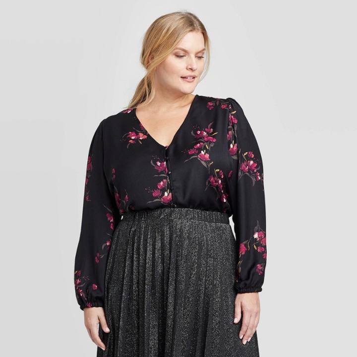Women's Plus Size Floral Print Long Sleeve V-neck Covered Button Blouse - Ava & Viv Black X, Women's