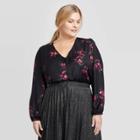 Women's Plus Size Floral Print Long Sleeve V-neck Covered Button Blouse - Ava & Viv Black X, Women's