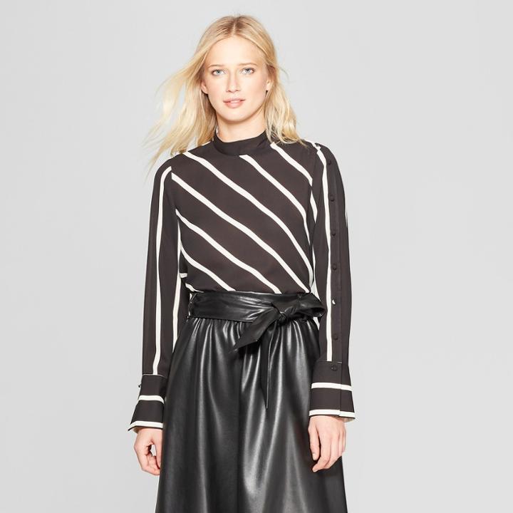 Women's Striped Long Sleeve Cowl Neck Button Blouse - Who What Wear Black