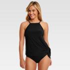 Dreamsuit By Miracle Brands Women's Slimming Control High Neck Asymmetrical Tankini Swim Top - Black - 10 - Dreamsuit By