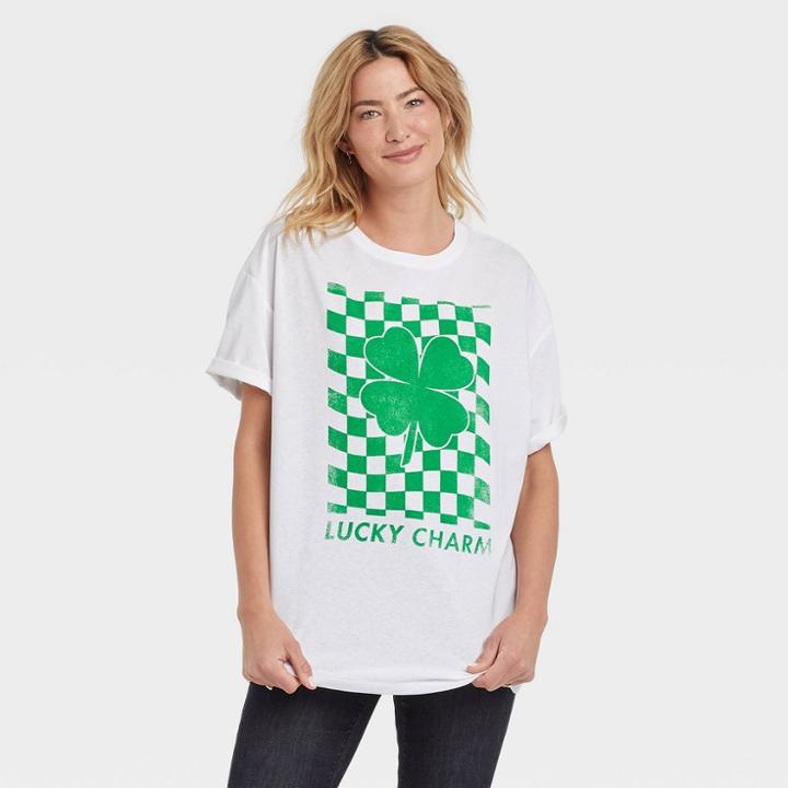 Grayson Threads Women's St. Patrick's Day Short Sleeve Oversized Graphic T-shirt - White Checkered