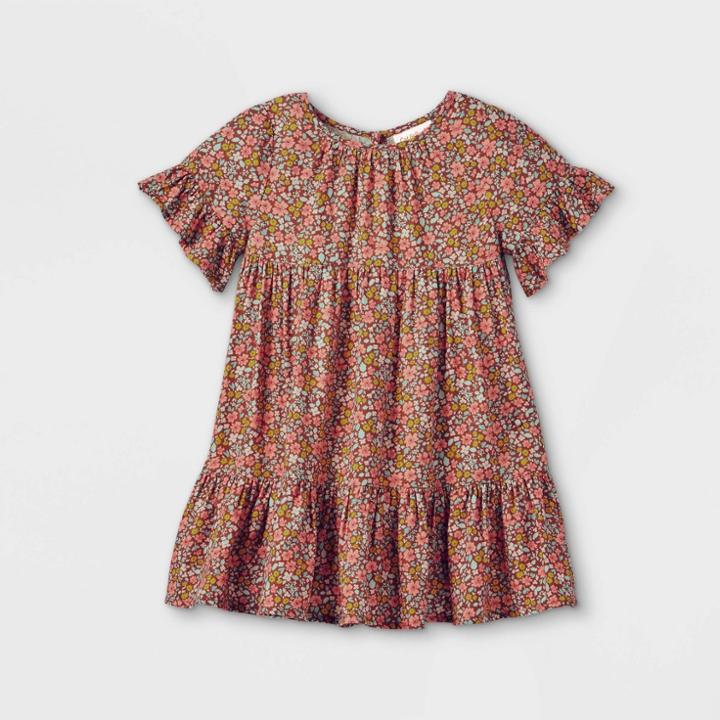 Toddler Girls' Floral Ruffle Short Sleeve Dress - Cat & Jack Brown