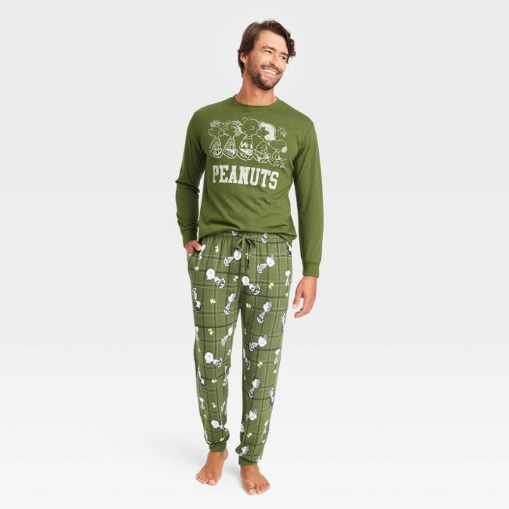 Men's Peanuts Plaid Long Sleeve Sweater Knit Pajama Set - Forest Green
