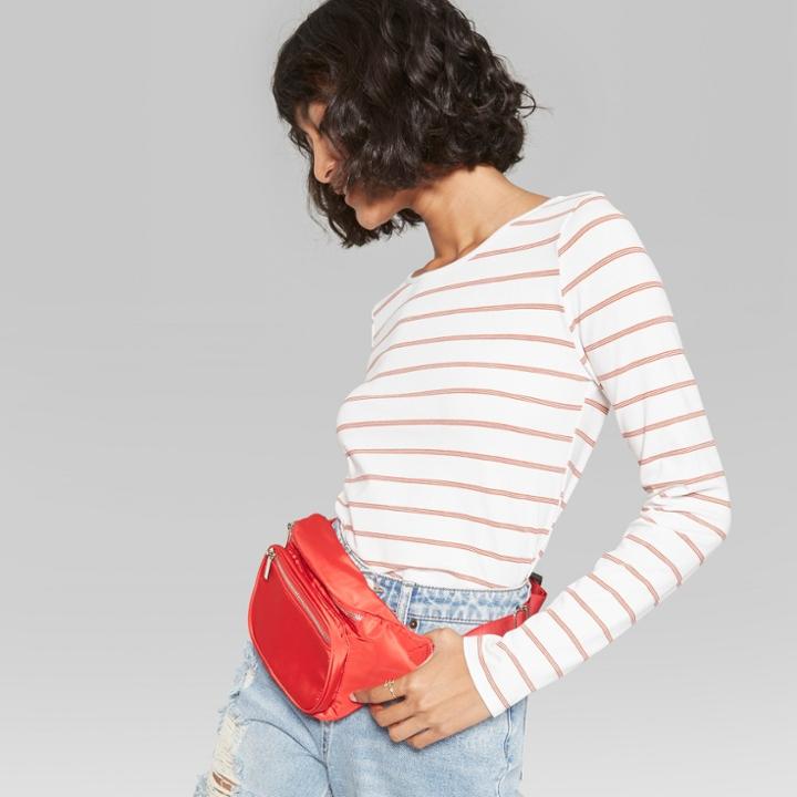 Women's Long Sleeve Striped Crew Neck T-shirt - Wild Fable Orange