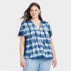 Women's Plus Size Short Sleeve V-neck Henley T-shirt - Knox Rose Navy Tie-dye 1x, Blue Tie-dye