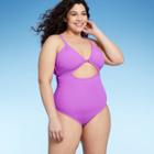 Juniors' Plus Size Ribbed Tunneled U-neck One Piece Swimsuit - Xhilaration Neon Purple