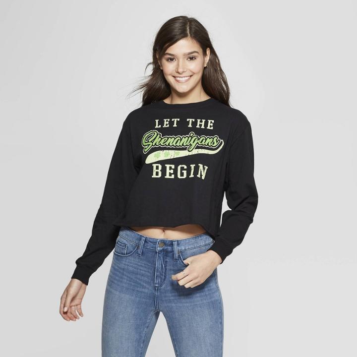 Women's Long Sleeve Shenanigans Graphic T-shirt - Modern Lux (juniors') - Black