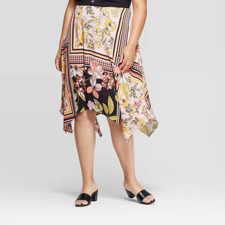 Women's Plus Size Floral Print Mid-rise Scarf Print Slip Skirt - Who What Wear Pink