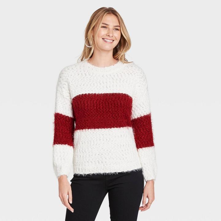 Women's Crewneck Colorblock Pullover Sweater - Knox Rose Red/white