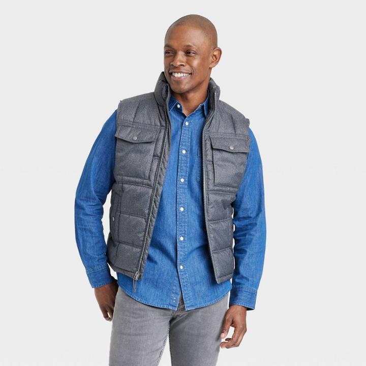 Men's Midweight Solid Herringbone Puffer Jacket - Goodfellow & Co Gray