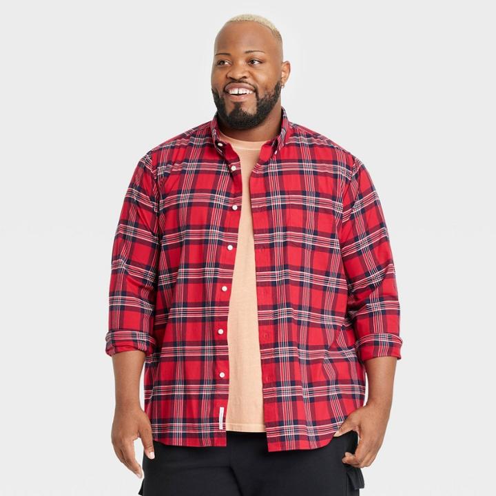 Men's Big & Tall Regular Fit Stretch Poplin Long Sleeve Button-down Shirt - Goodfellow & Co Tomato Red
