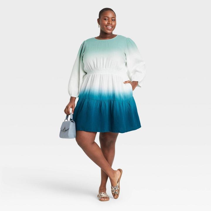 Women's Plus Size Tie-dye Long Sleeve Tiered Dress - Universal Thread Blue