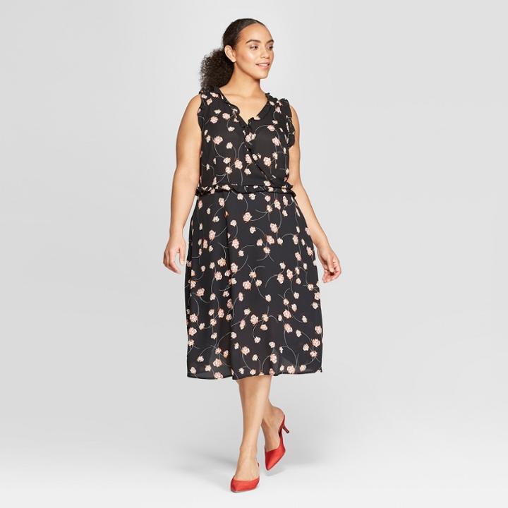 Women's Plus Size Floral Print Sleeveless Ruffle Detail Wrap Maxi Dress - Who What Wear Black