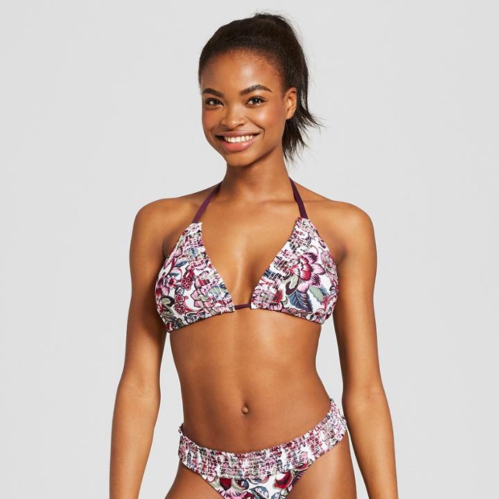 Women's Smocked Triangle Bikini Top - Mossimo Deep Plum Purple Floral D/dd Cup