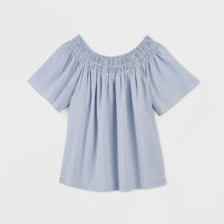 Women's Striped Short Sleeve Smocked Yoke Top - A New Day Blue