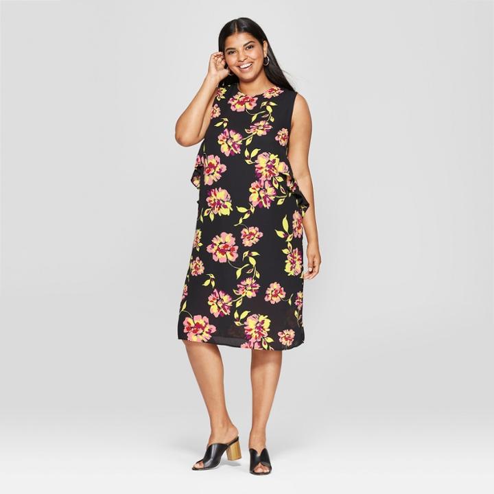 Women's Plus Size Floral Print Sleeveless Ruffle Midi Dress - Who What Wear Black 1x,
