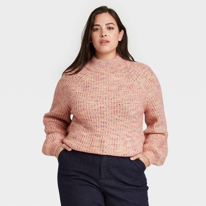 Women's Plus Size Crewneck Pullover Sweater - Ava & Viv Pink