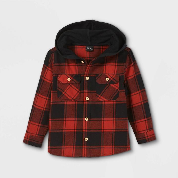 Toddler Boys' Hooded Flannel Plaid Long Sleeve Button-down Shirt - Art Class Red/black