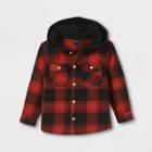 Toddler Boys' Hooded Flannel Plaid Long Sleeve Button-down Shirt - Art Class Red/black