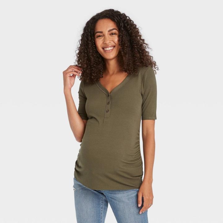 Elbow Sleeve V-neck Henley Maternity Top - Isabel Maternity By Ingrid & Isabel Green