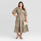 Women's Plus Size Puff Elbow Sleeve Tiered Dress - A New Day Brown