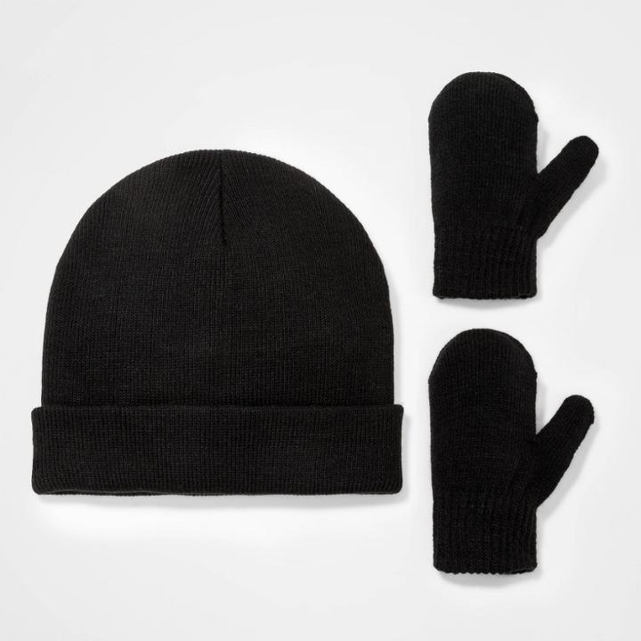 Toddler Boys' 2pk Knit Beanie With Magic Mittens - Cat & Jack Black