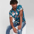 Men's Floral Print Short Sleeve Button-down Shirt - Original Use Blue