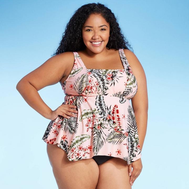 Women's Plus Size Square Neck Sharkbite Hem Tankini Top - Kona Sol Pink Tropical Print