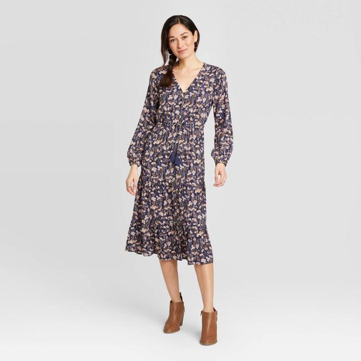 Women's Floral Print Long Sleeve Midi Dress - Knox Rose Navy Xs, Women's, Blue