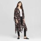 Women's Printed Short Sleeve Open-front Kimono Jacket With Side Tie Tassels - Knox Rose Black