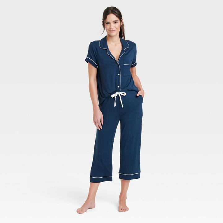 Women's Beautifully Soft Short Sleeve Notch Collar Top And Pants Pajama Set - Stars Above Navy Blue