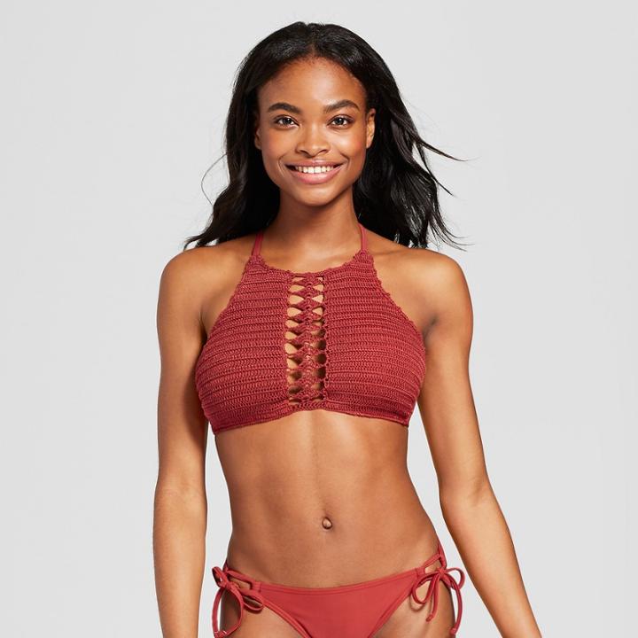 Women's Crochet High Neck Bikini Top - Xhilaration Paprika Red D/dd Cup