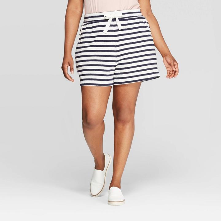 Women's Plus Size Striped Knit Shorts - Ava & Viv Navy/cream