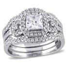 2 1/5 Ct. T.w. Square Cubic Zirconia Halo Bridal Set In Sterling Silver -