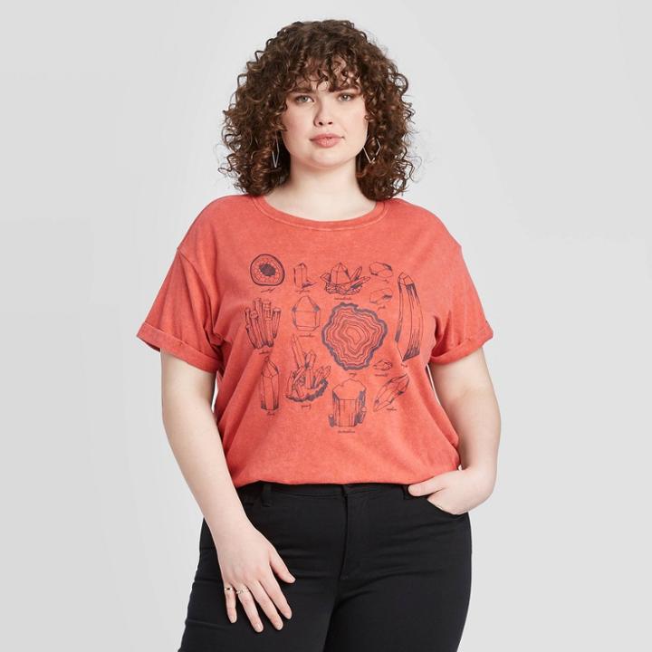 Fifth Sun Women's Plus Size Crystals Rolled Cuff Short Sleeve Graphic T-shirt (juniors') - Red Brick 1x, Women's,