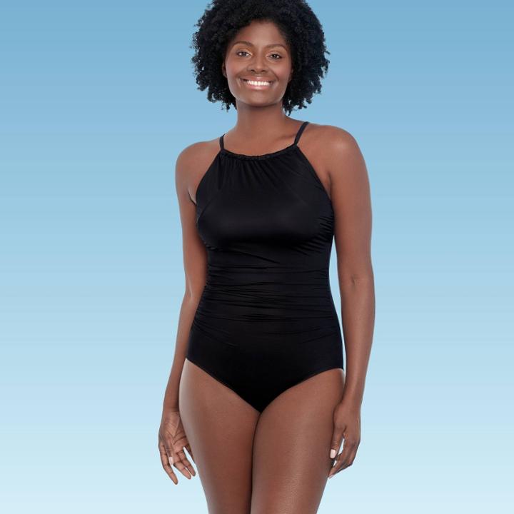 Women's Slimming Control Shirred High Neck One Piece Swimsuit - Dreamsuit By Miracle Brands Black