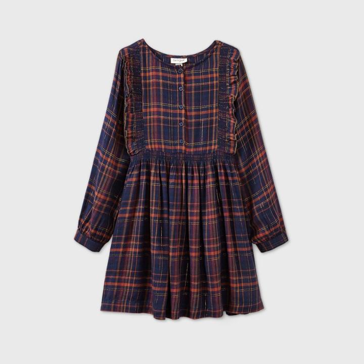 Girls' Plaid Shine Long Sleeve Woven Dress - Cat & Jack Navy
